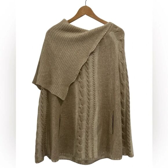 PASHMA 100% Cashmere Cable Knit Poncho with Foldover Neck in Soft Tan - Picture 1 of 6
